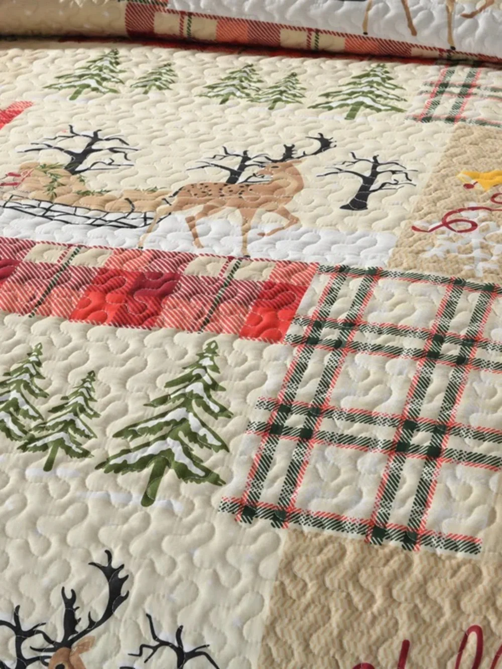 Rustic Winter Plaid Reversible Quilt Set - Red & Cream